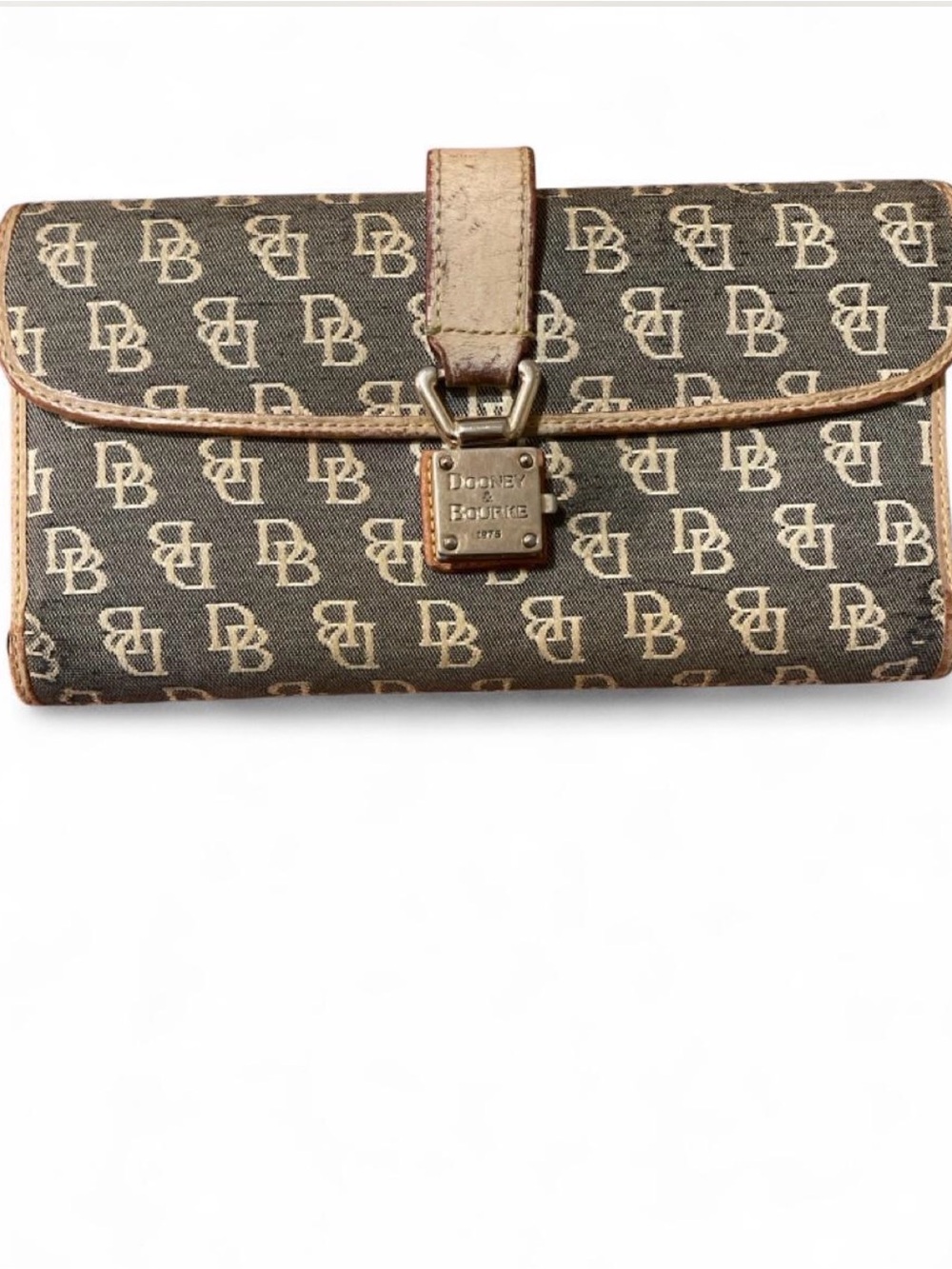 Vintage Dooney & Bourke Signature Monogram Trifold Checkbook Wallet Cream Tan